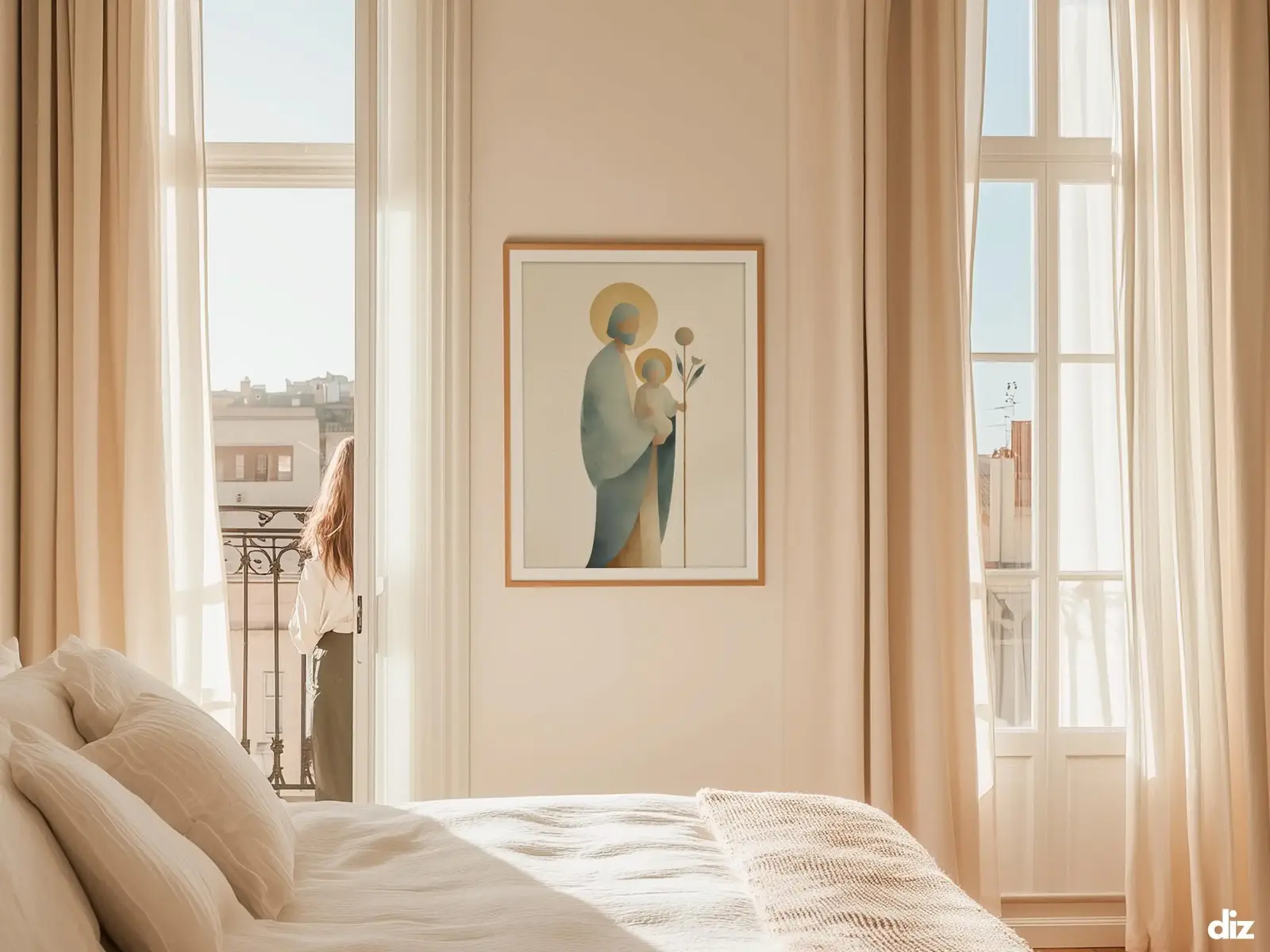 Sacred Heart of Jesus framed above sofa, living room display blending peace and devotion, bible wall art catholic wall art