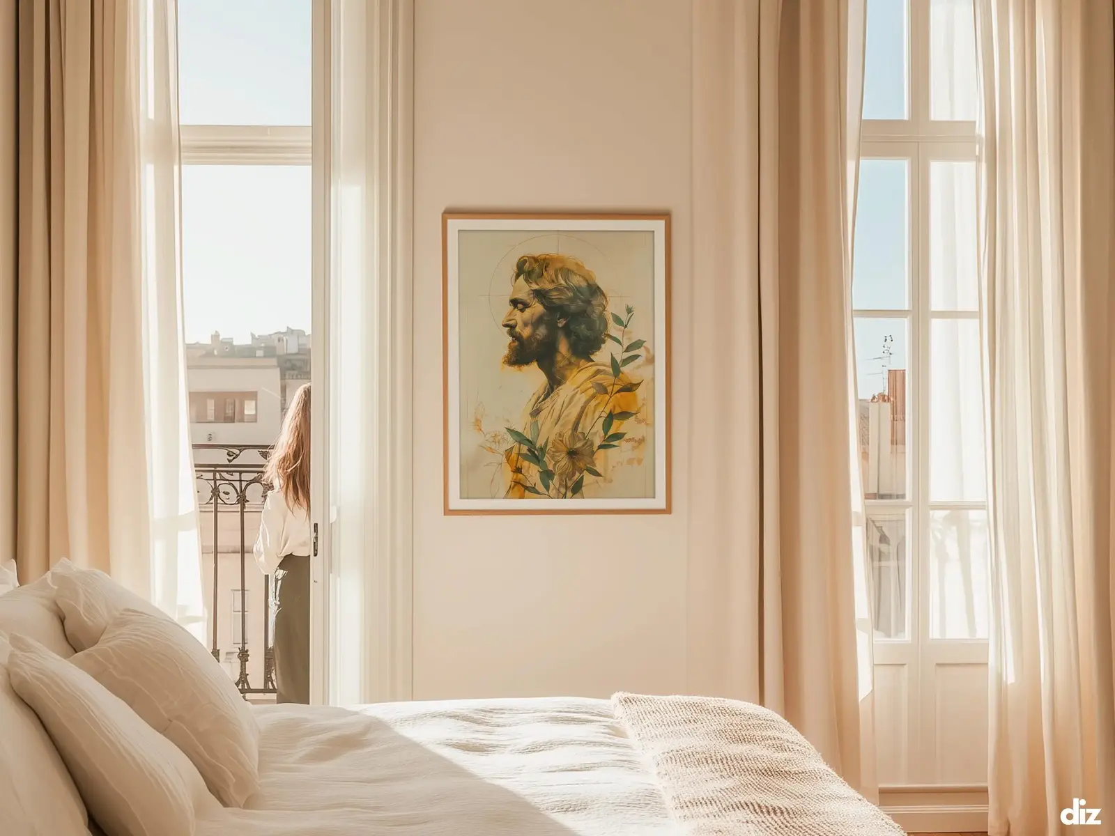 Sacred Heart of Jesus framed above sofa, living room display blending peace and devotion, bible wall art catholic wall art