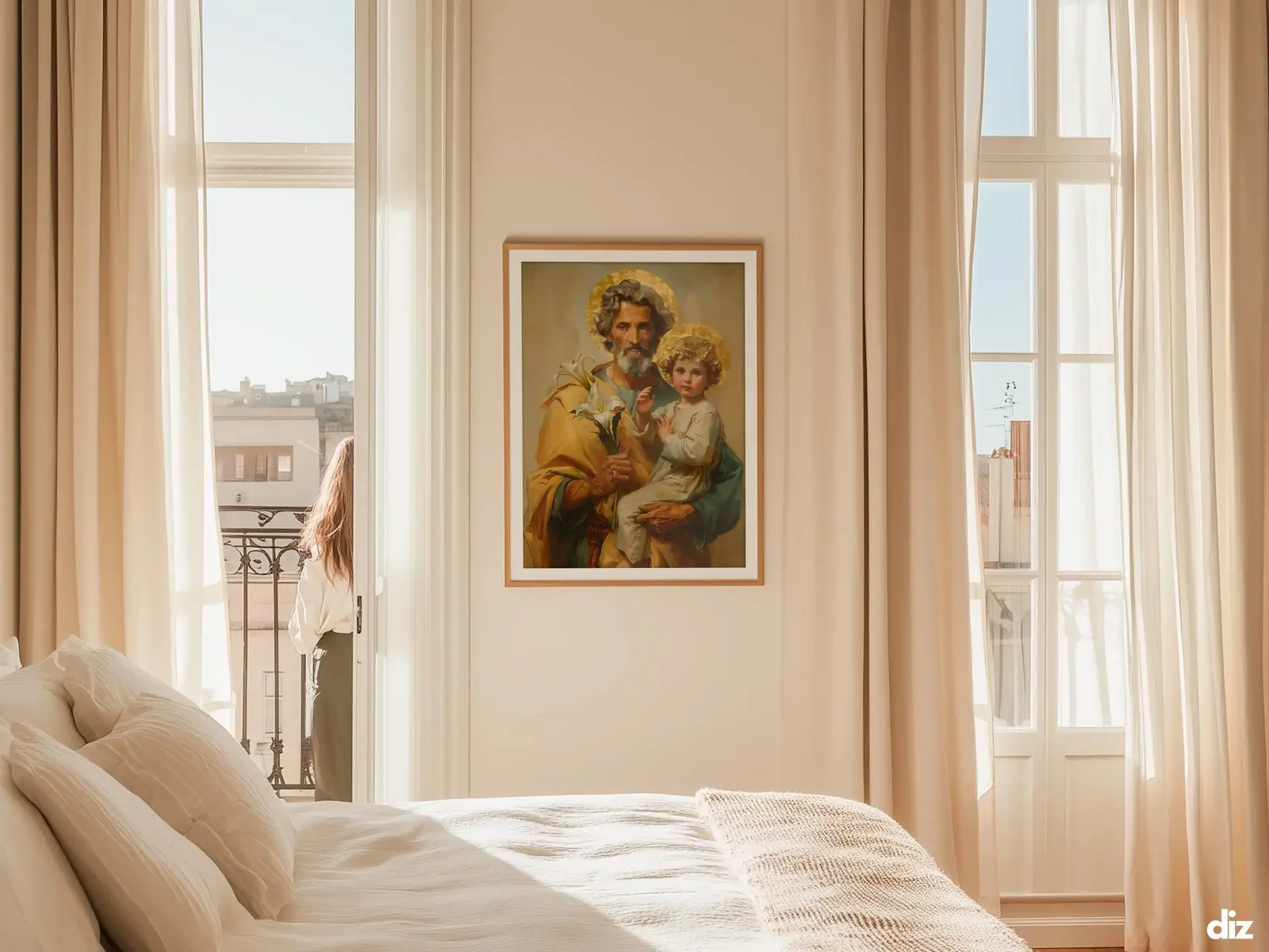 Sacred Heart of Jesus framed above sofa, living room display blending peace and devotion, bible wall art catholic wall art