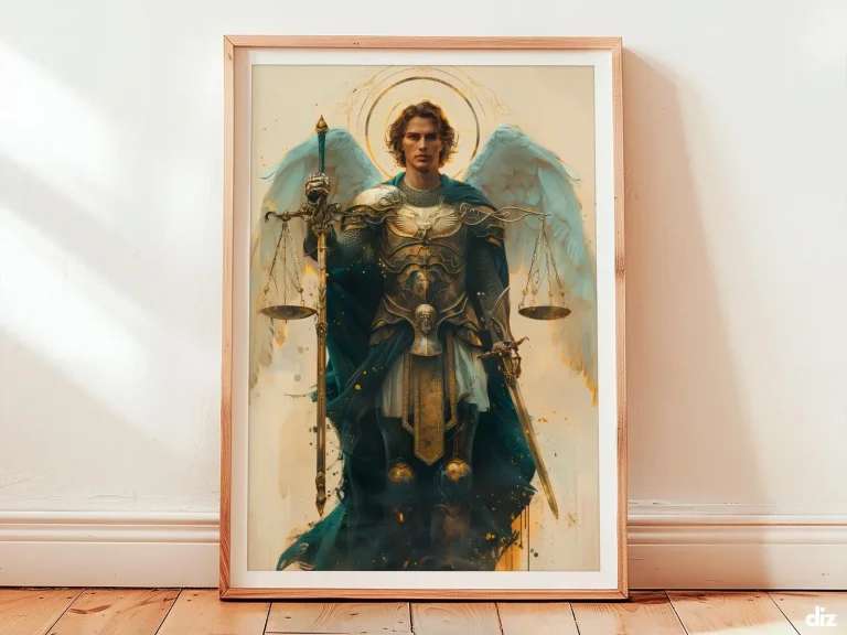 Framed Saint Michael watercolor art print with scales and sword, Archangel Michael devotional, Christian Wall Art