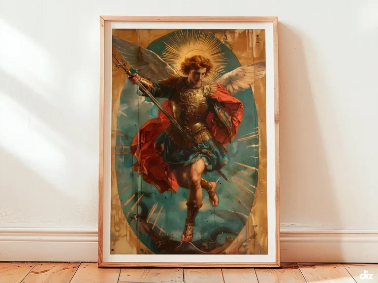 Framed Saint Michael the Archangel watercolor print, central lance and dragon battle, Christian Wall Art, Archangel Michael