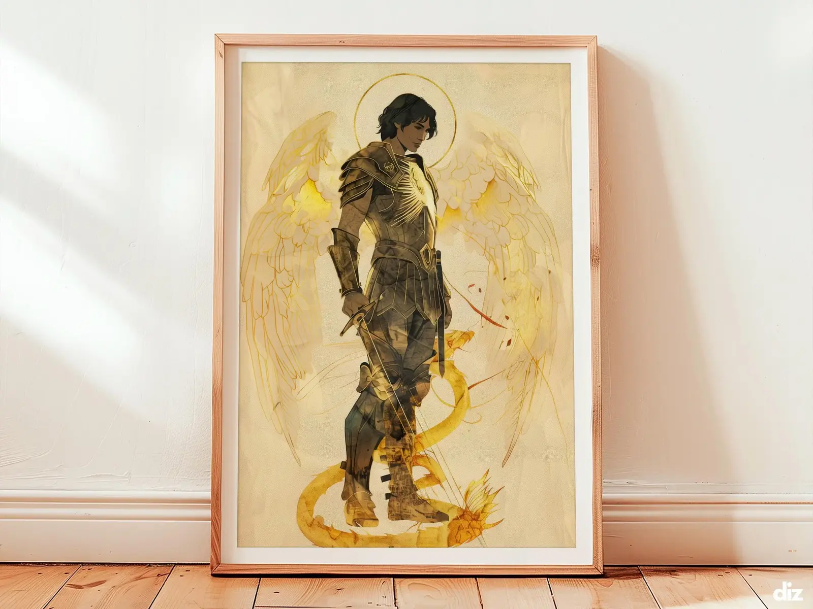 Framed Saint Michael the Archangel watercolor print centered on ivory field, minimalist Christian Wall Art, Religious Artwork.