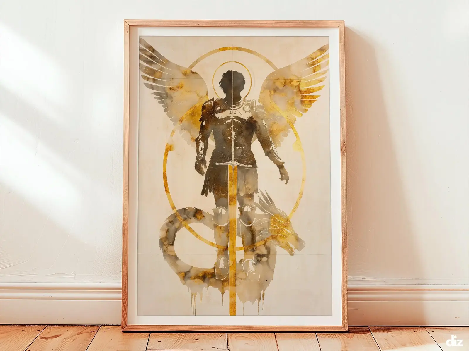 Framed Saint Michael the Archangel watercolor print centered over coiled dragon, minimalist Archangel Michael religious artwork for contemplative spaces