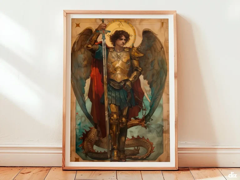 Framed Saint Michael the Archangel watercolor art print in ivory background, Archangel Michael, Christian wall art.