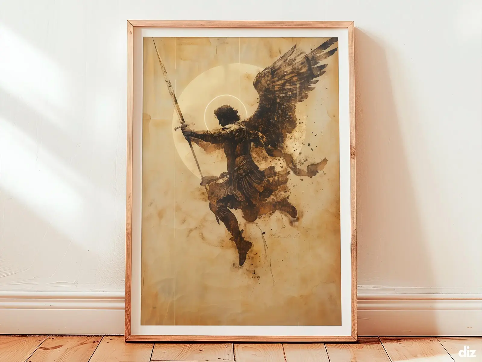 Framed Saint Michael the Archangel watercolor print centered on ivory field, minimalist biblical angel and christian wall art
