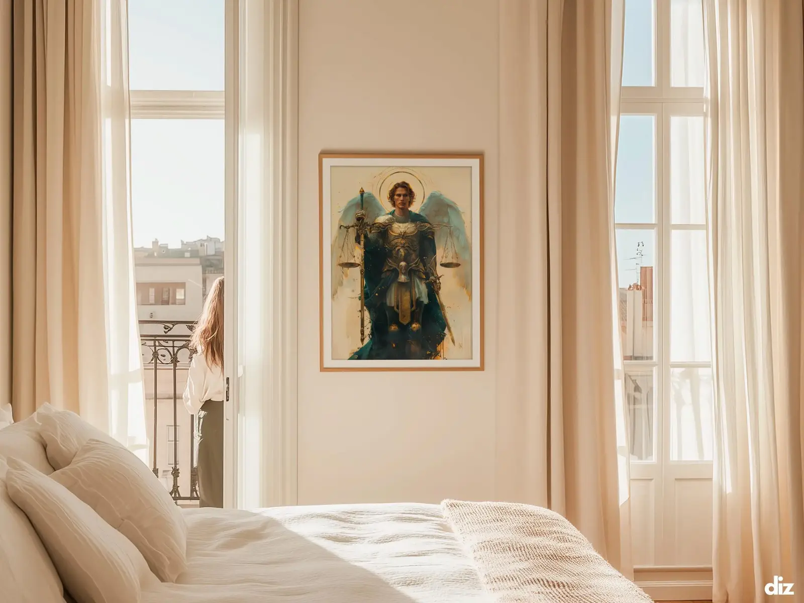 Sacred Heart of Jesus framed above sofa, living room display blending peace and devotion, bible wall art catholic wall art