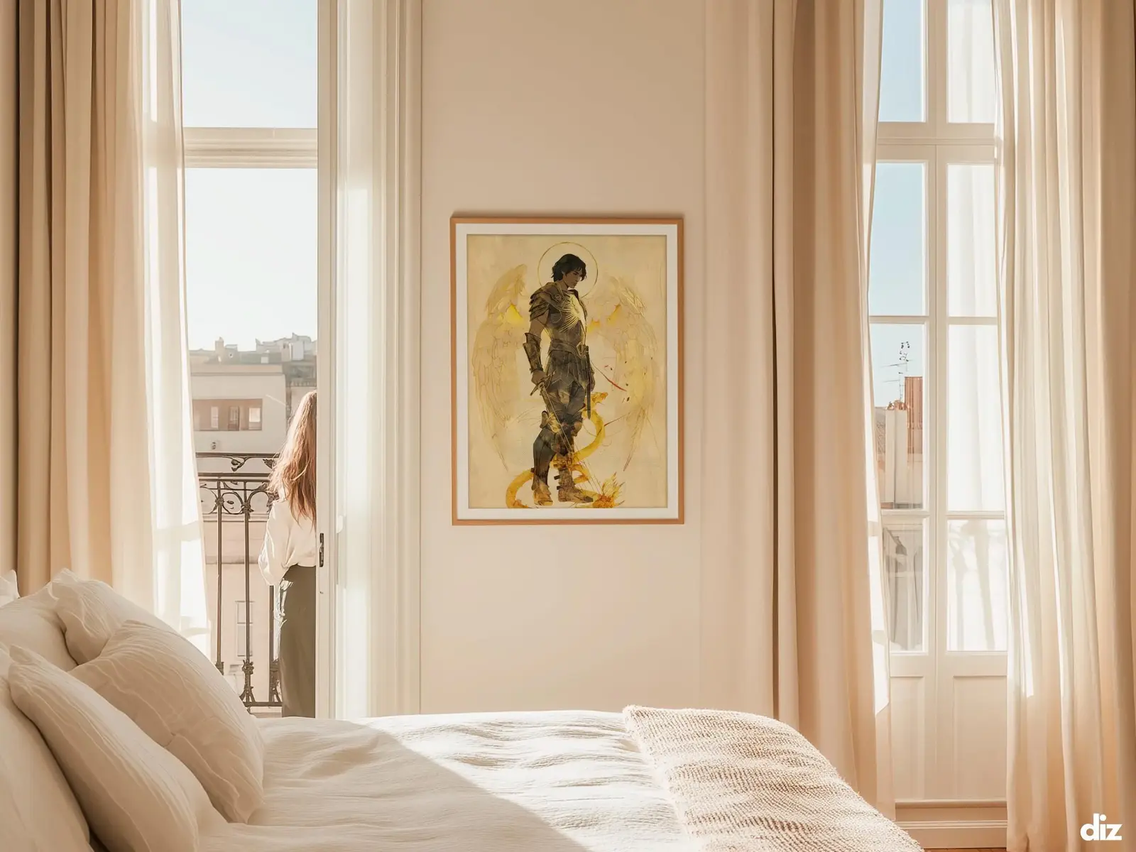 Sacred Heart of Jesus framed above sofa, living room display blending peace and devotion, bible wall art catholic wall art