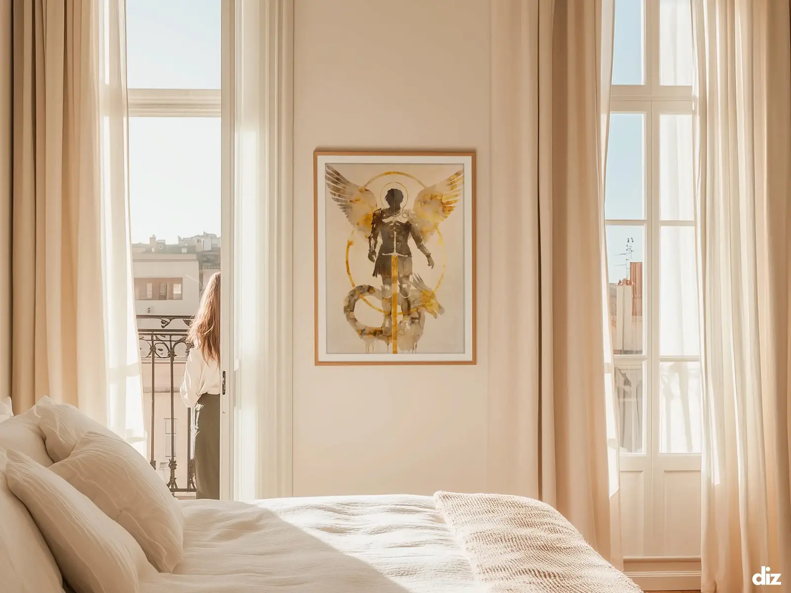 Sacred Heart of Jesus framed above sofa, living room display blending peace and devotion, bible wall art catholic wall art