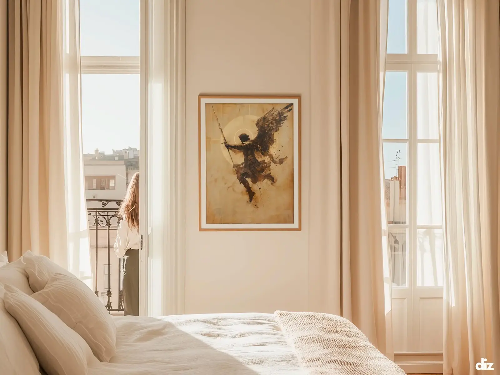 Sacred Heart of Jesus framed above sofa, living room display blending peace and devotion, bible wall art catholic wall art