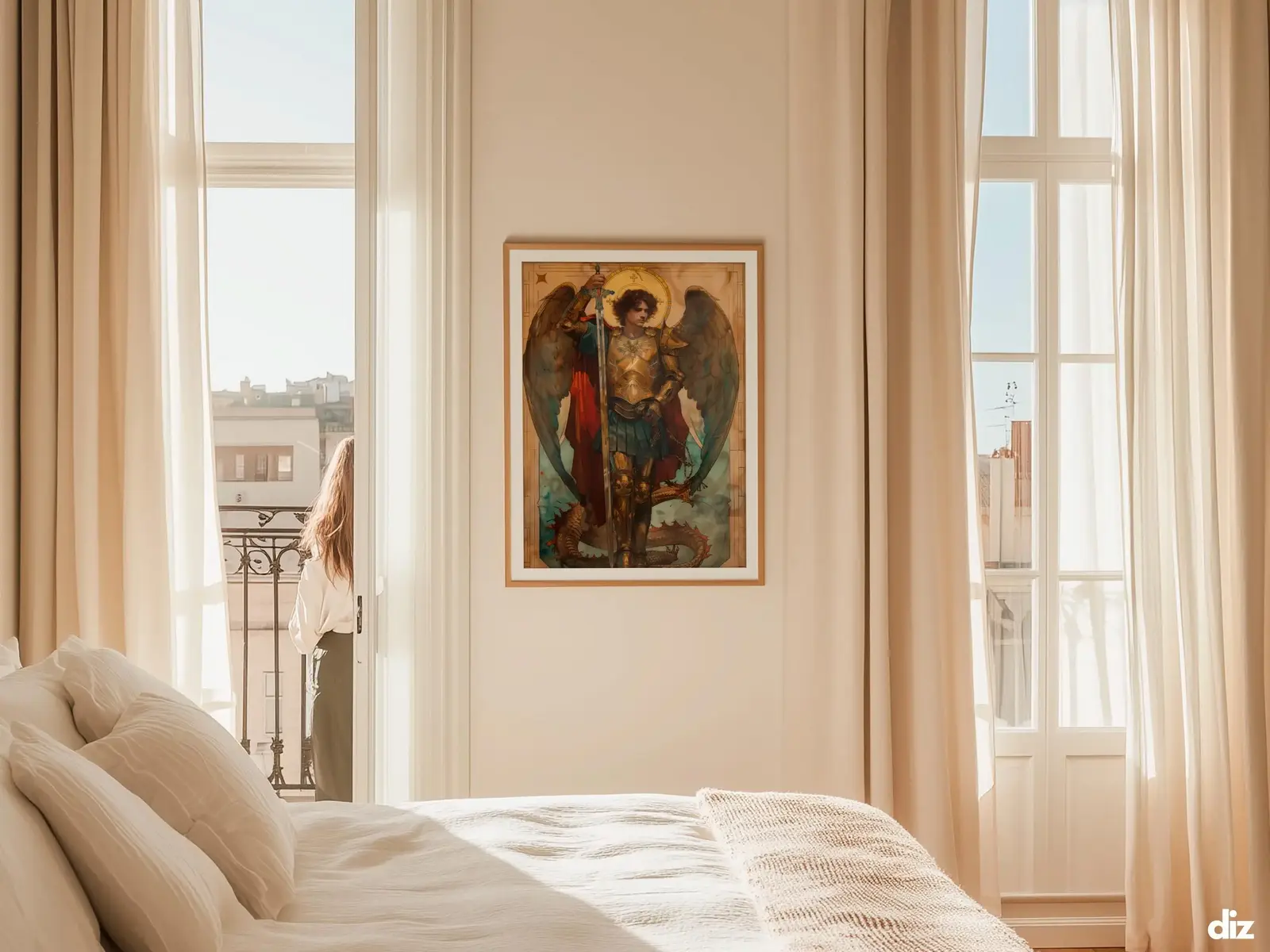 Sacred Heart of Jesus framed above sofa, living room display blending peace and devotion, bible wall art catholic wall art