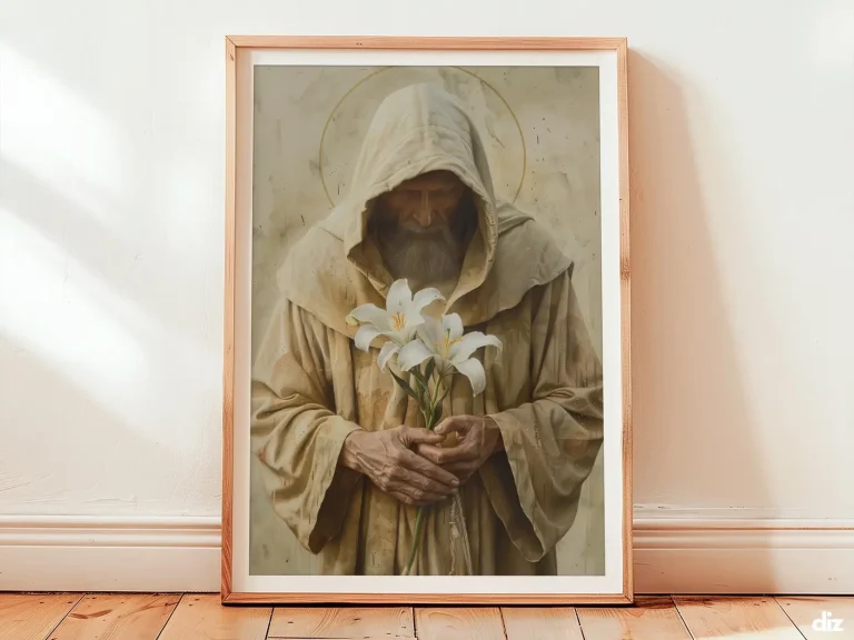 Saint Anthony Art Print: White Lily and Soft Halo, Modern Christian Decor (Digital Download)