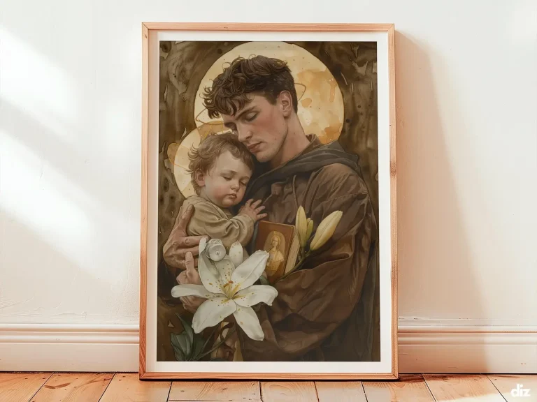 Saint Anthony Art Print: Cradling the Infant Jesus with Lily, Catholic Wall Art (Digital Download)