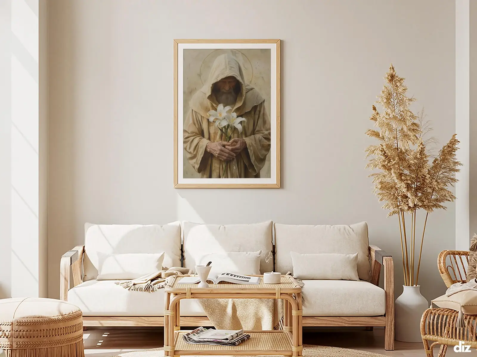 Framed Sacred Heart of Jesus above bed, bedroom sanctuary offering mercy and trust, jesus wall art artwork of jesus