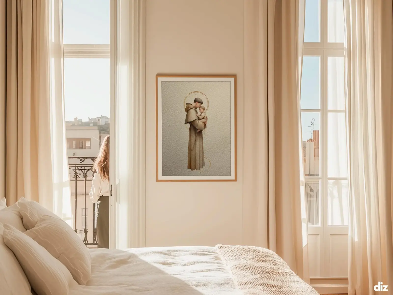 Sacred Heart of Jesus framed above sofa, living room display blending peace and devotion, bible wall art catholic wall art