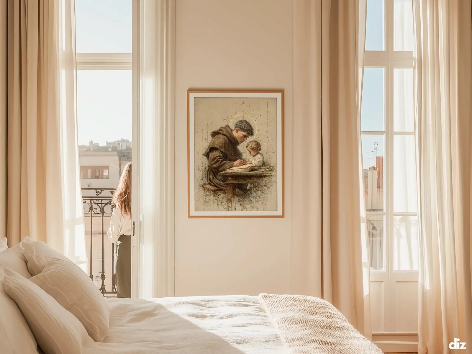 Sacred Heart of Jesus framed above sofa, living room display blending peace and devotion, bible wall art catholic wall art