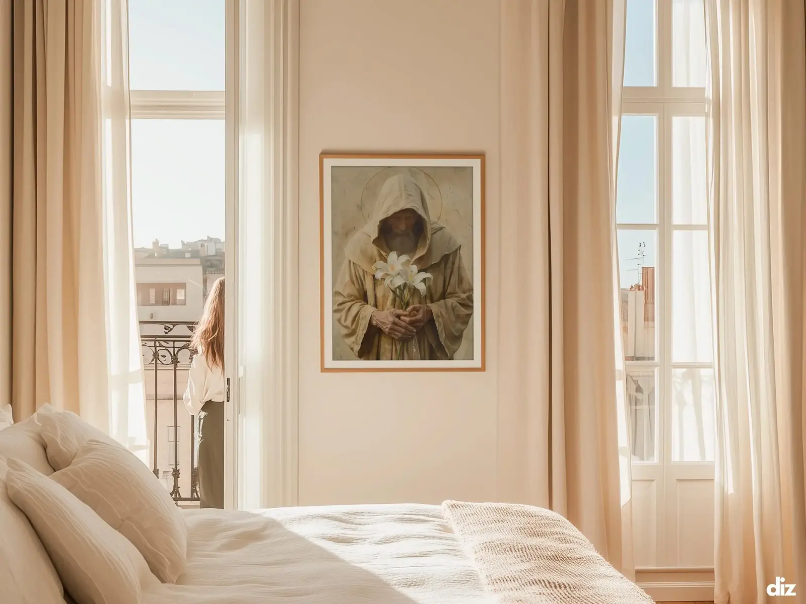 Sacred Heart of Jesus framed above sofa, living room display blending peace and devotion, bible wall art catholic wall art