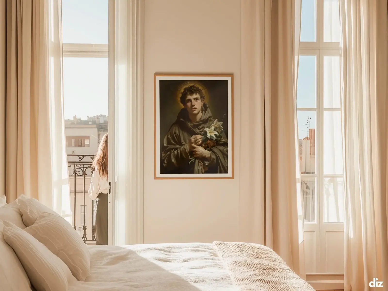 Sacred Heart of Jesus framed above sofa, living room display blending peace and devotion, bible wall art catholic wall art