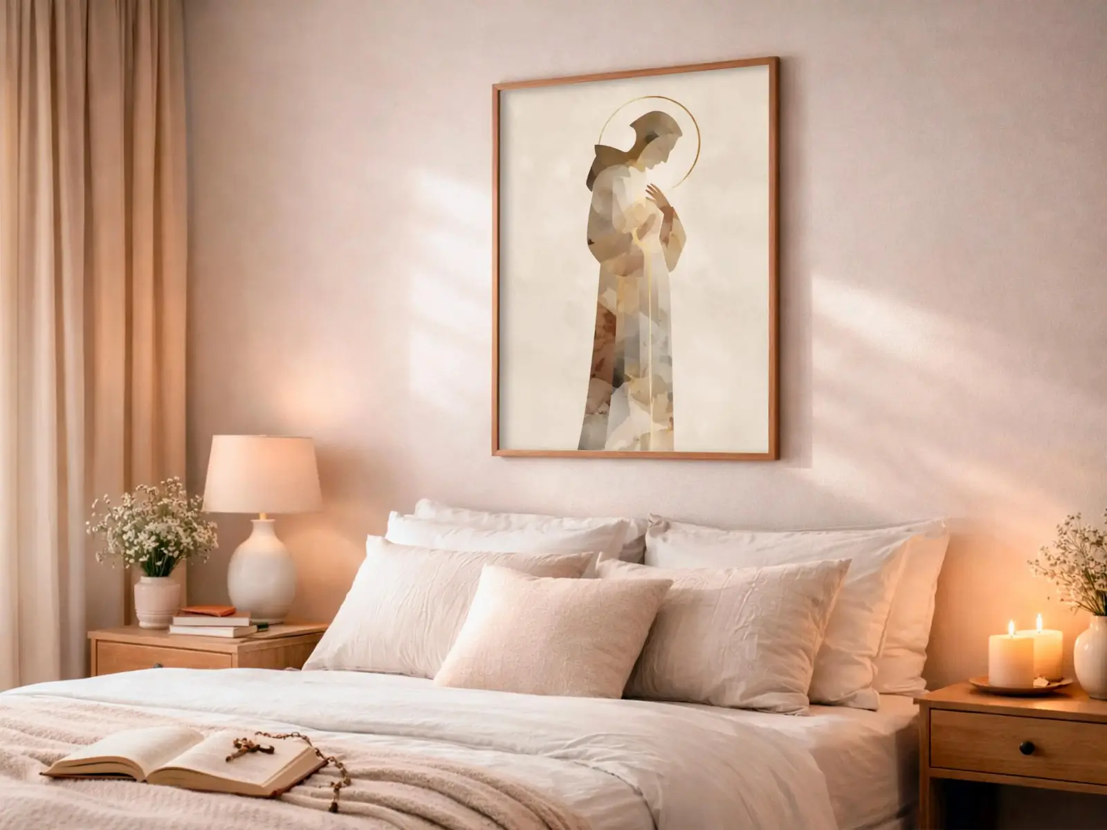 Sacred Heart of Jesus framed above sofa, living room display blending peace and devotion, bible wall art catholic wall art