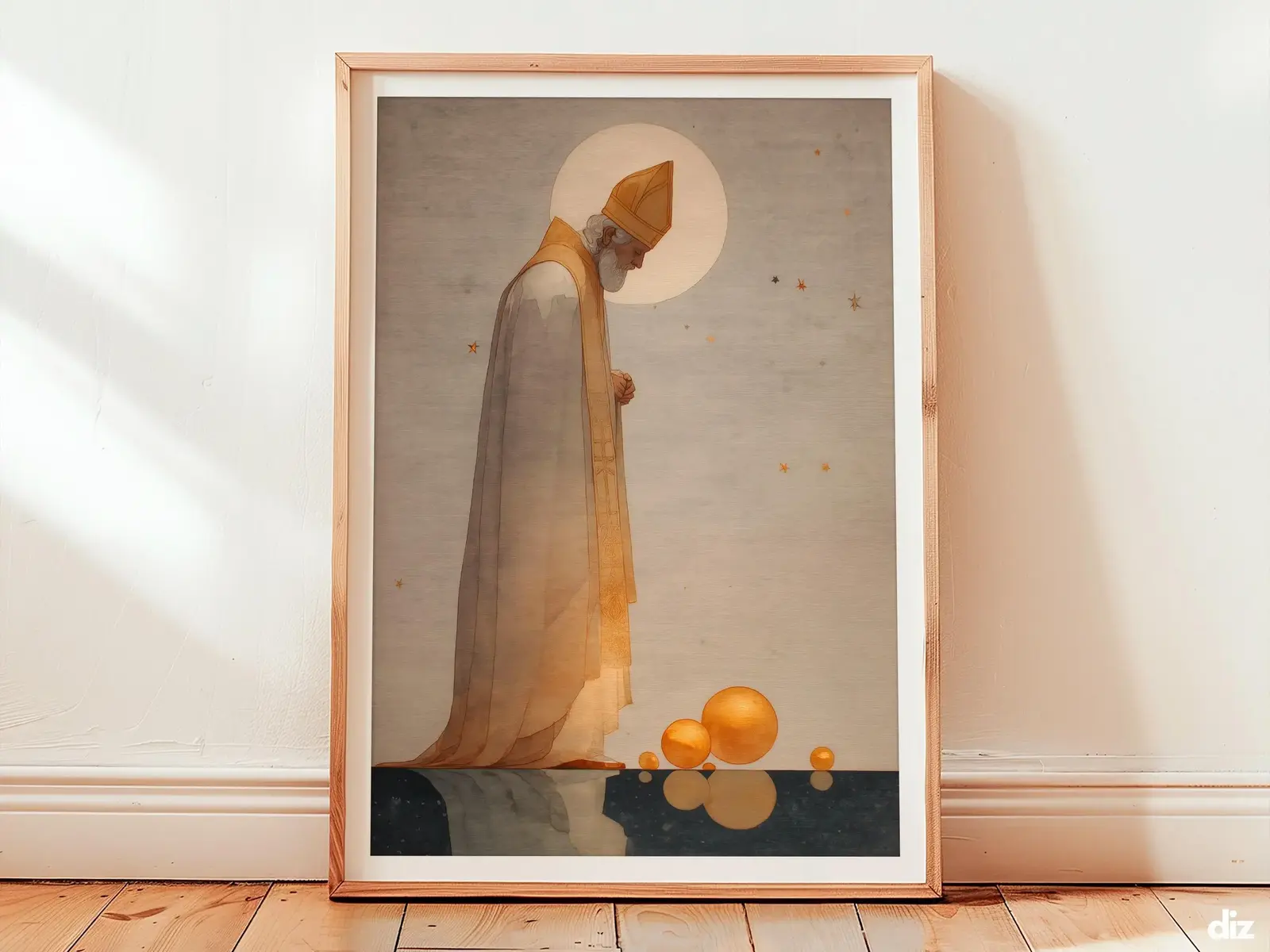 Minimal faith art print featuring a thin luminous halo and three golden gifts arcing over warm sand, balanced composition adding calm spiritual energy to neutral wall art and christian wall art decor.