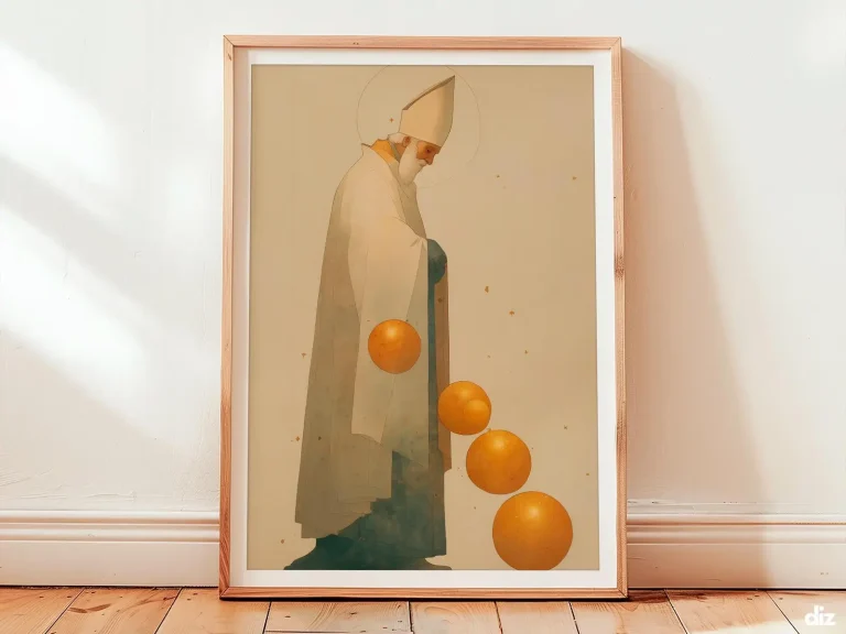 A calm saint nicholas silhouette tosses three luminous gold spheres across an ivory field, warm sand and soft indigo framing the gesture, evoking a faith art print for christian wall art decor.