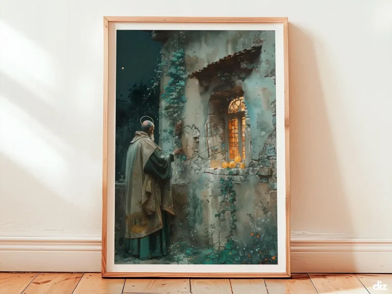 Framed Saint Nicholas art print in classic emotional watercolor, bathed in warm gilded light as the bishop’s humble gesture of charity fills a prayerful, devotional catholic wall art space.