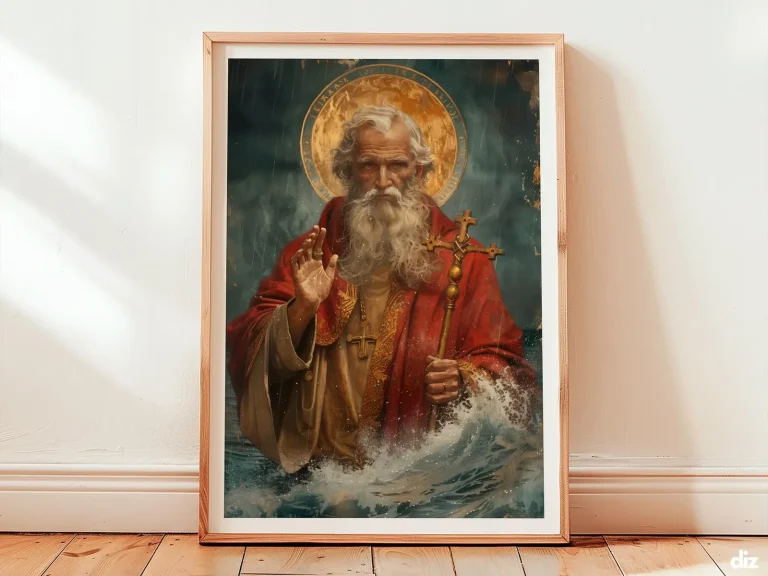 Framed Saint Nicholas art print in devotional watercolor above a wall, gilded halo and blessing gesture bathing the room in warm light as contemplative catholic wall art.