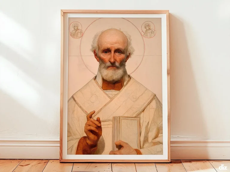 Minimal christian art print of Saint Nicholas centered in soft ivory, thin golden halos and gentle diagonal light creating calm, a refined christian wall art presence for neutral home decor.