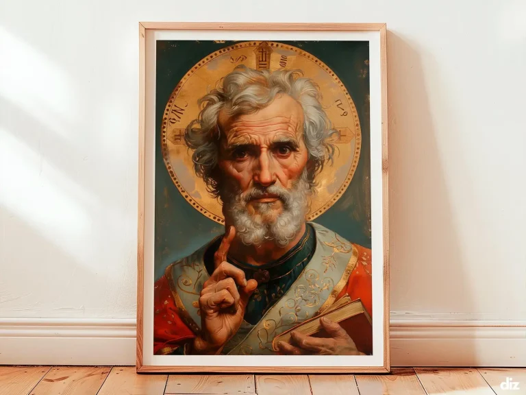 Framed saint nicholas christian wall art print centered on an ivory wall, gilded aureole and warm diagonal light creating calm authority and reverent stillness as catholic art for sacred spaces.