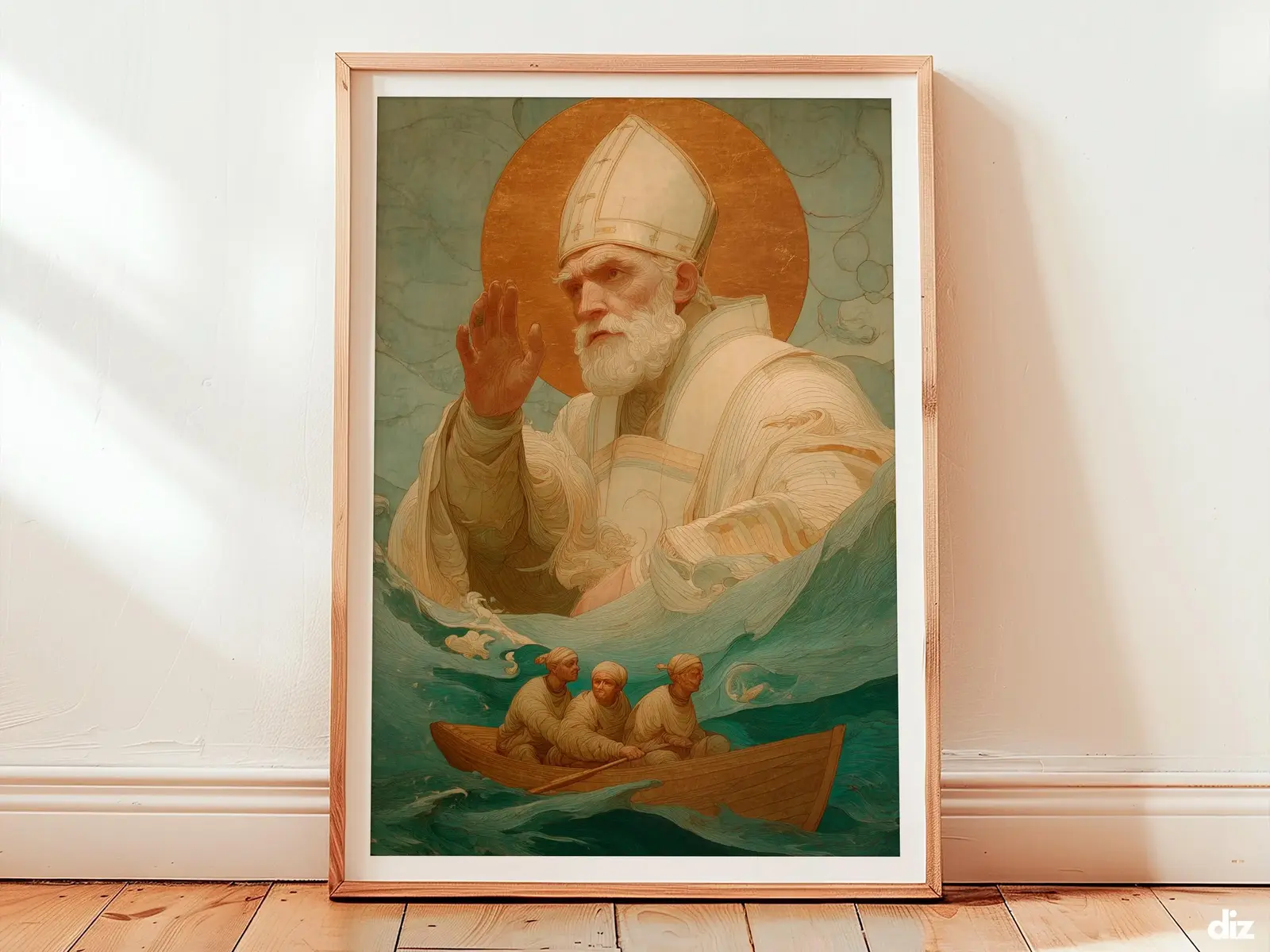 Saint Nicholas art print framed on an ivory wall, a calm golden halo and vertical bishop figure blessing three tiny sailors as neutral christian wall art radiating protection and quiet courage.