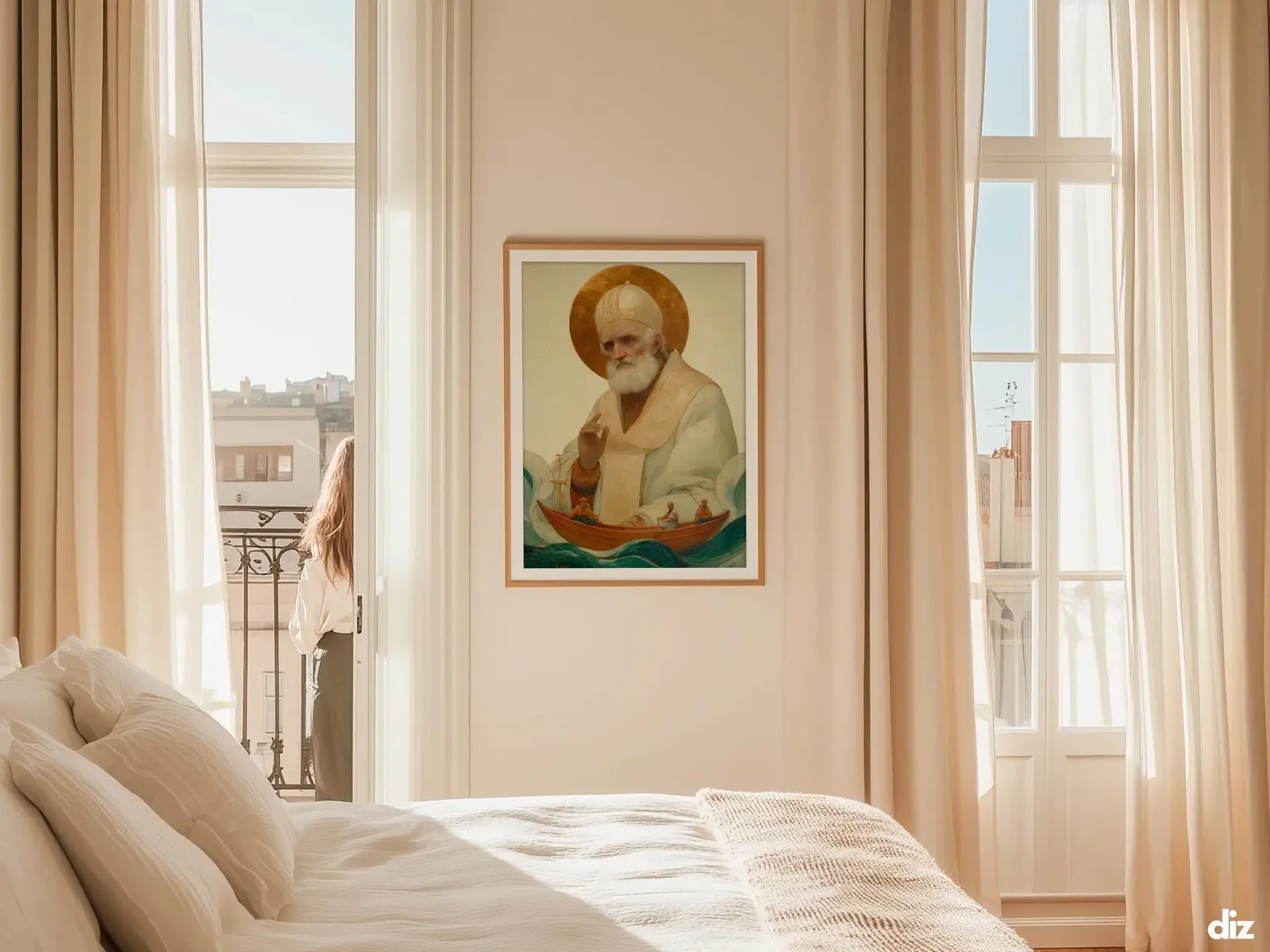 Sacred Heart of Jesus framed above sofa, living room display blending peace and devotion, bible wall art catholic wall art