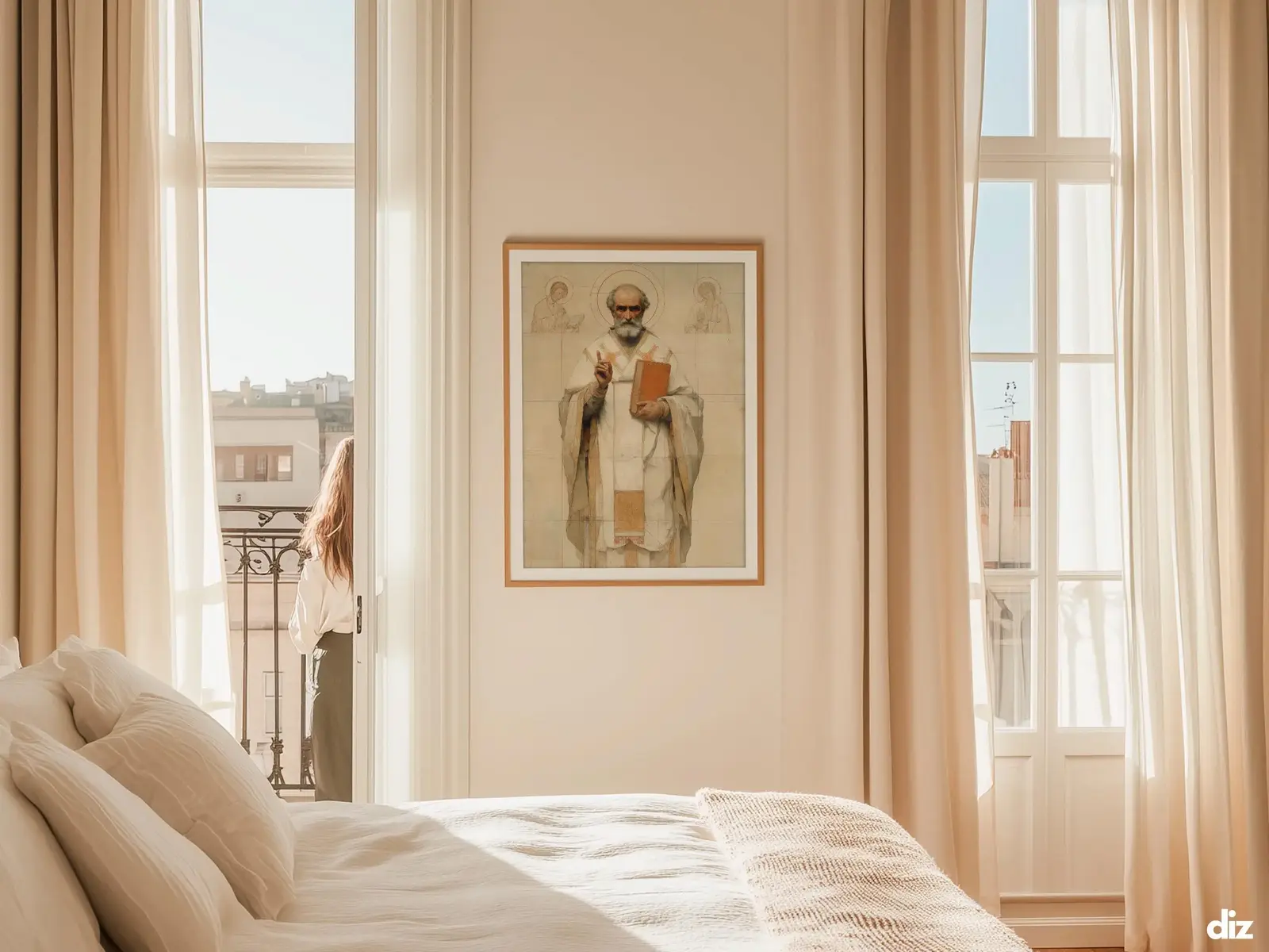 Sacred Heart of Jesus framed above sofa, living room display blending peace and devotion, bible wall art catholic wall art