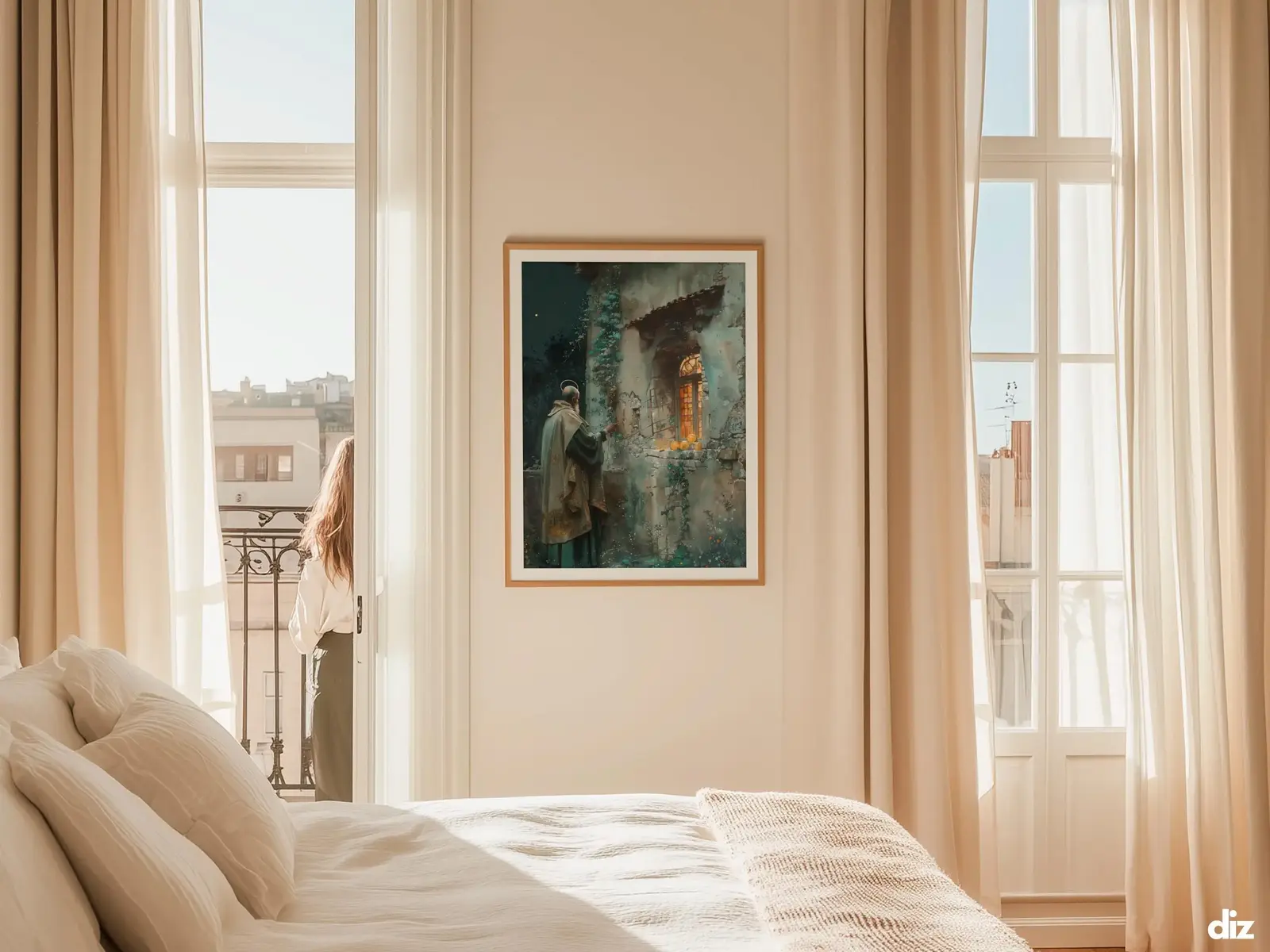 Sacred Heart of Jesus framed above sofa, living room display blending peace and devotion, bible wall art catholic wall art