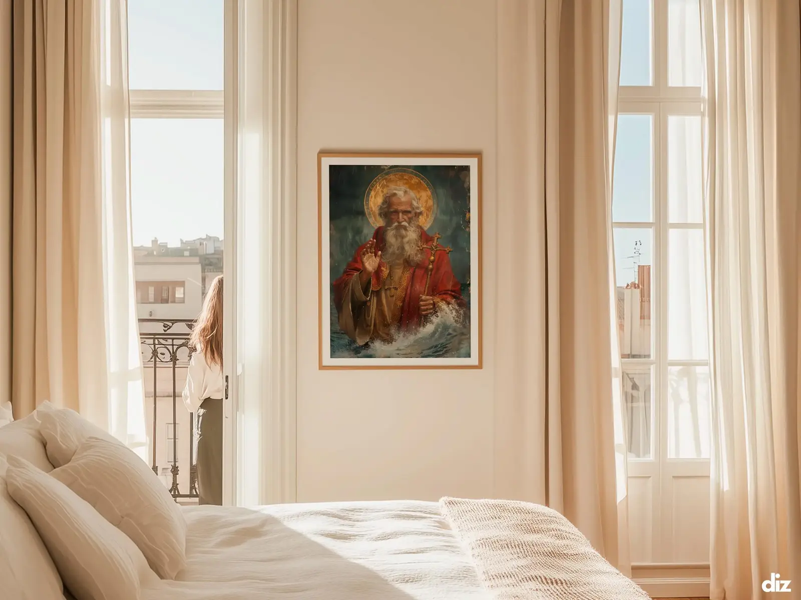 Sacred Heart of Jesus framed above sofa, living room display blending peace and devotion, bible wall art catholic wall art