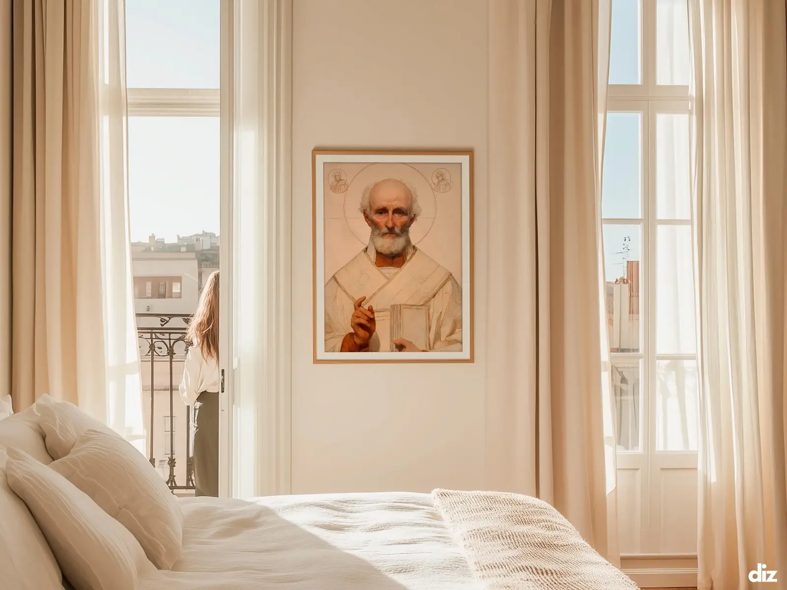 Sacred Heart of Jesus framed above sofa, living room display blending peace and devotion, bible wall art catholic wall art