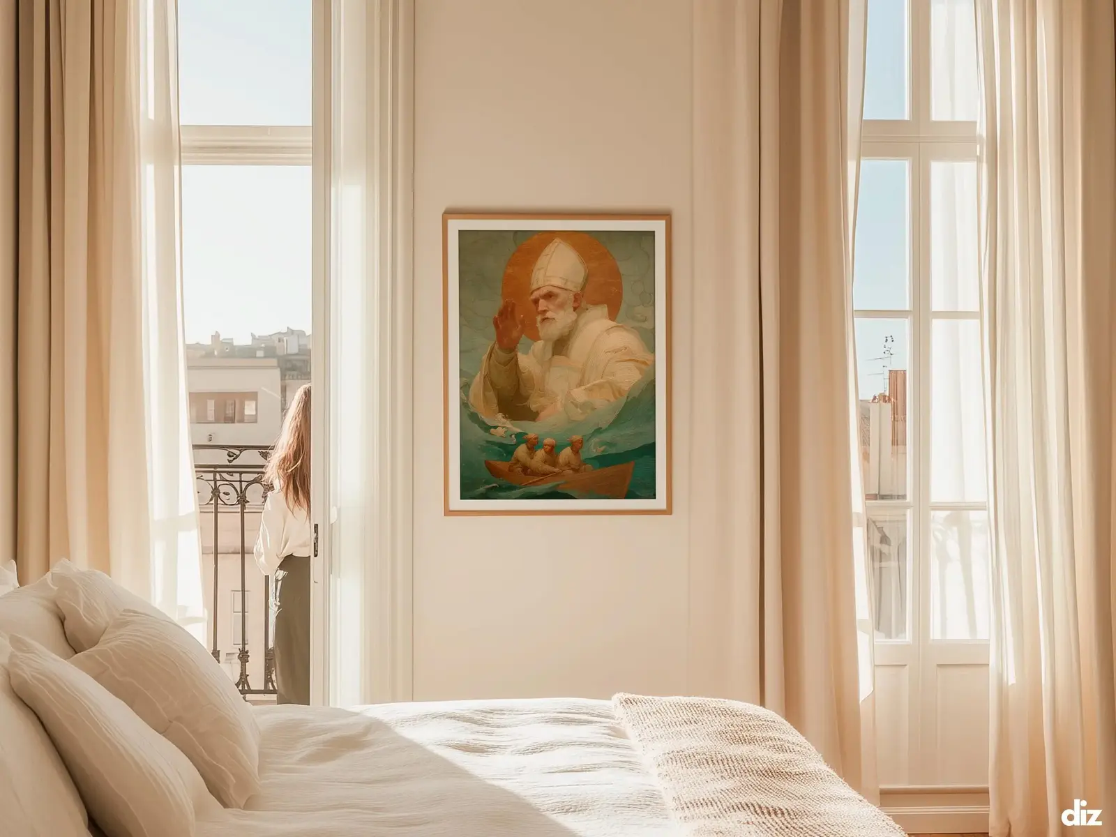 Sacred Heart of Jesus framed above sofa, living room display blending peace and devotion, bible wall art catholic wall art