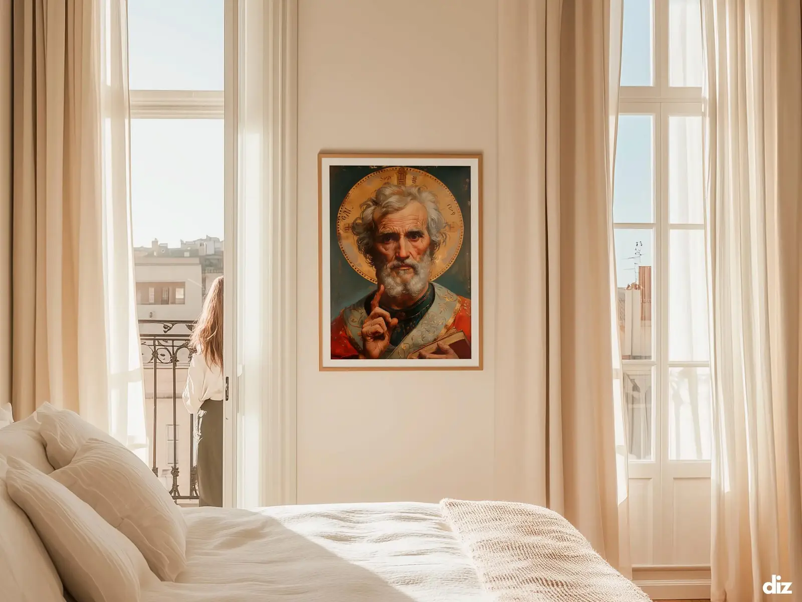 Sacred Heart of Jesus framed above sofa, living room display blending peace and devotion, bible wall art catholic wall art