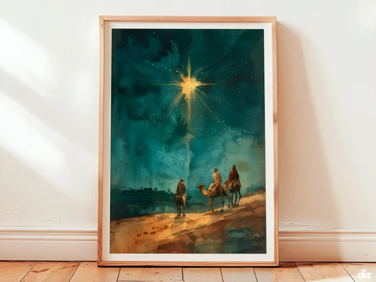 Framed Star of Bethlehem watercolor with guiding beam, devotional Biblical Wall Art showcasing biblical art over indigo horizon.