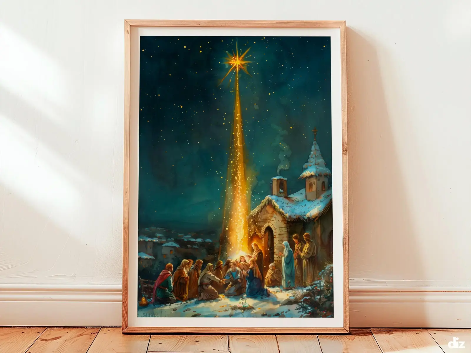 Framed Star of Bethlehem watercolor print with golden ray above humble doorway, devotional Christian wall art, spiritual artwork
