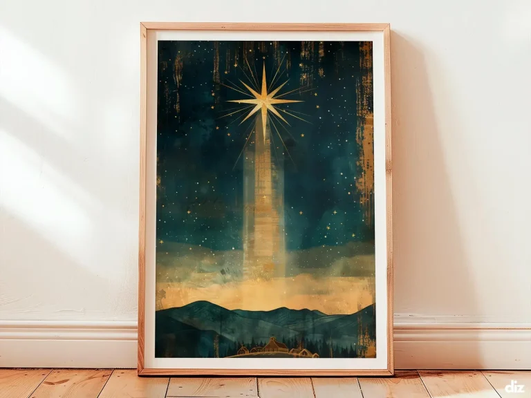 Framed Star Of Bethlehem minimalist print on ivory, star of bethlehem above quiet silhouette, Christian Wall Art