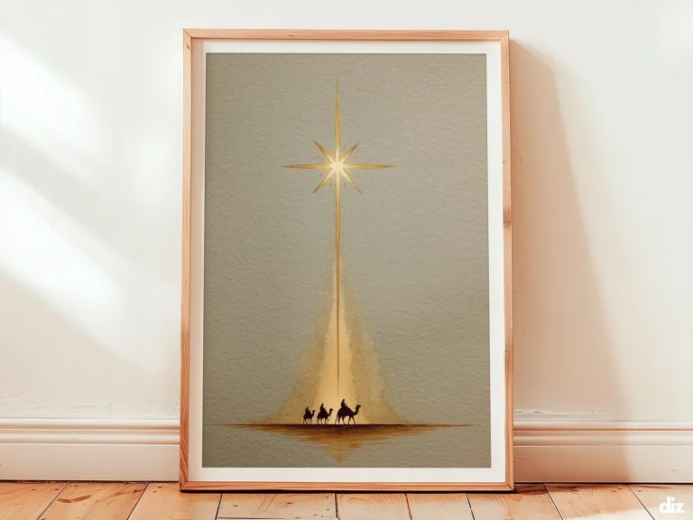 Framed Star of Bethlehem print centered on ivory sky, minimalist devotional composition, religious art and spiritual artwork