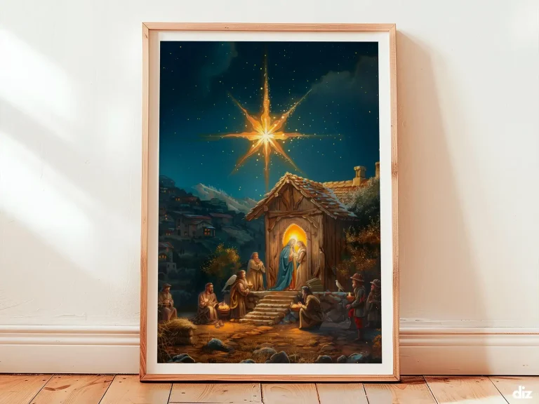 Framed Star of Bethlehem watercolor print showing golden ray to Christ Child, Christian Wall Art, Holy Family
