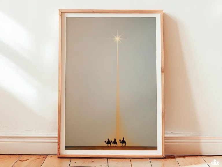 Framed Star Of Bethlehem watercolor print centered on ivory field, minimalist Biblical Wall Art and Catholic Wall Art, Holy Night