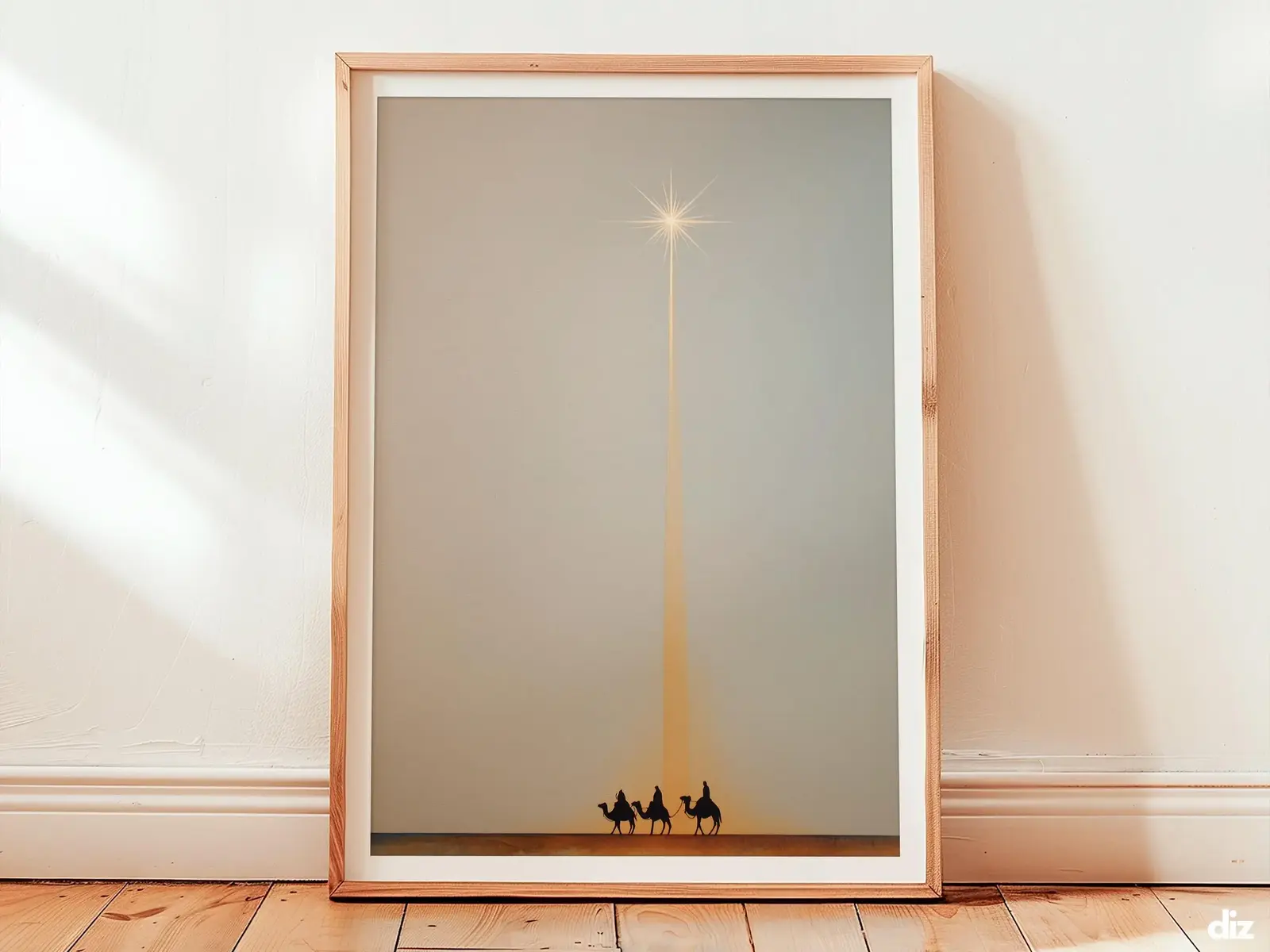Framed Star Of Bethlehem watercolor print centered on ivory field, minimalist Biblical Wall Art and Catholic Wall Art, Holy Night