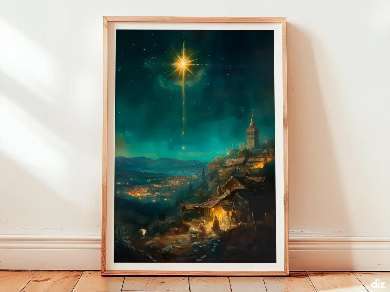 Framed Star of Bethlehem watercolor print centered over Bethlehem, devotional Christian wall art and religious artwork