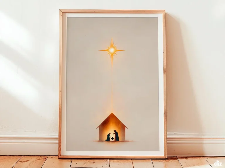 Framed Star of Bethlehem minimalist print with slender gold ray and holy family, christian wall art for prayer