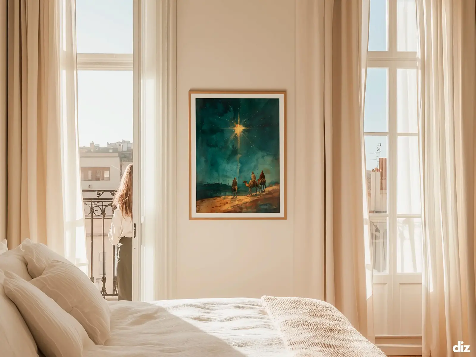 Sacred Heart of Jesus framed above sofa, living room display blending peace and devotion, bible wall art catholic wall art