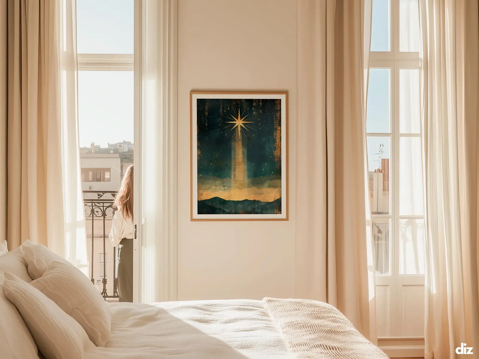 Sacred Heart of Jesus framed above sofa, living room display blending peace and devotion, bible wall art catholic wall art