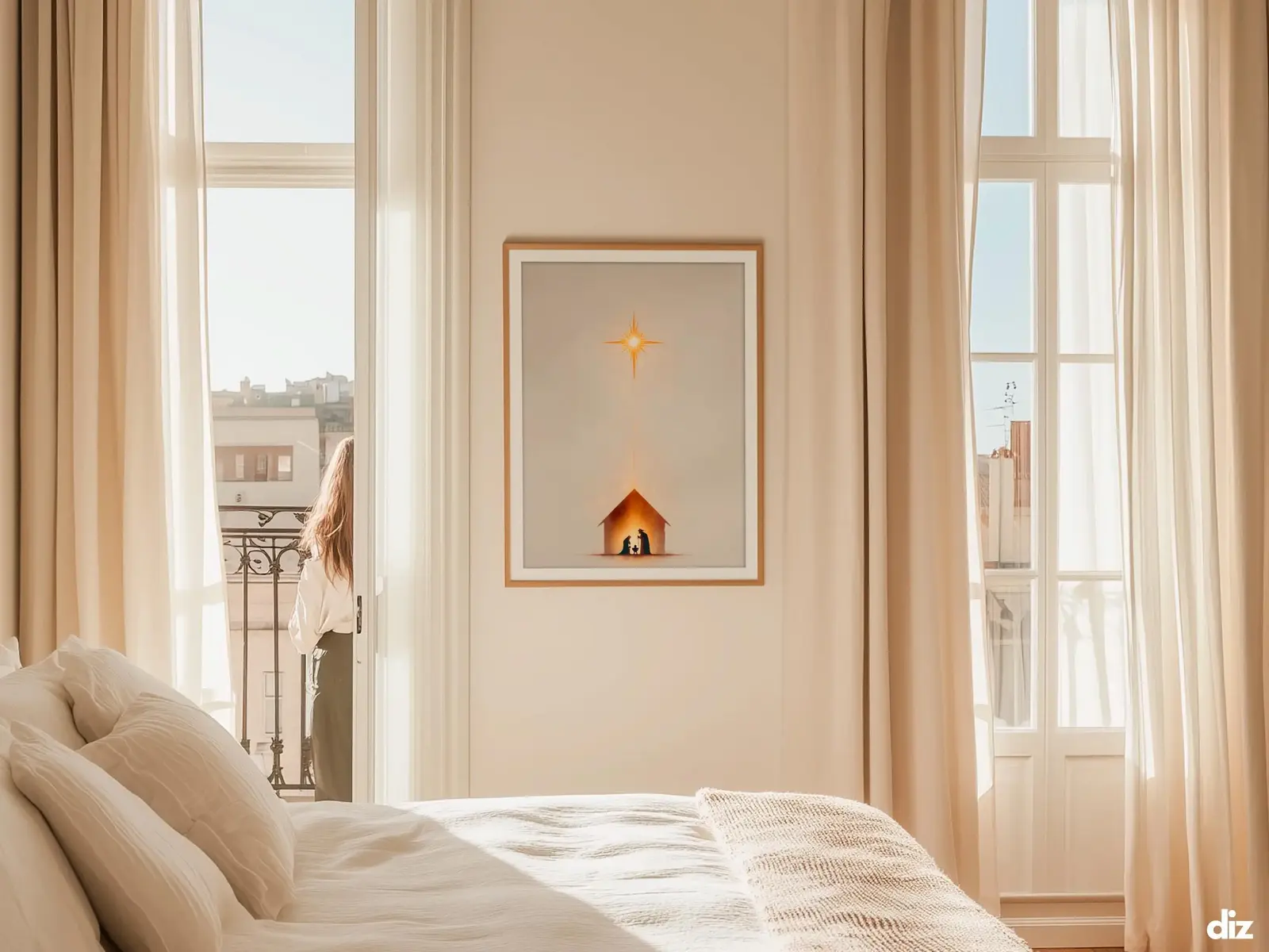 Sacred Heart of Jesus framed above sofa, living room display blending peace and devotion, bible wall art catholic wall art