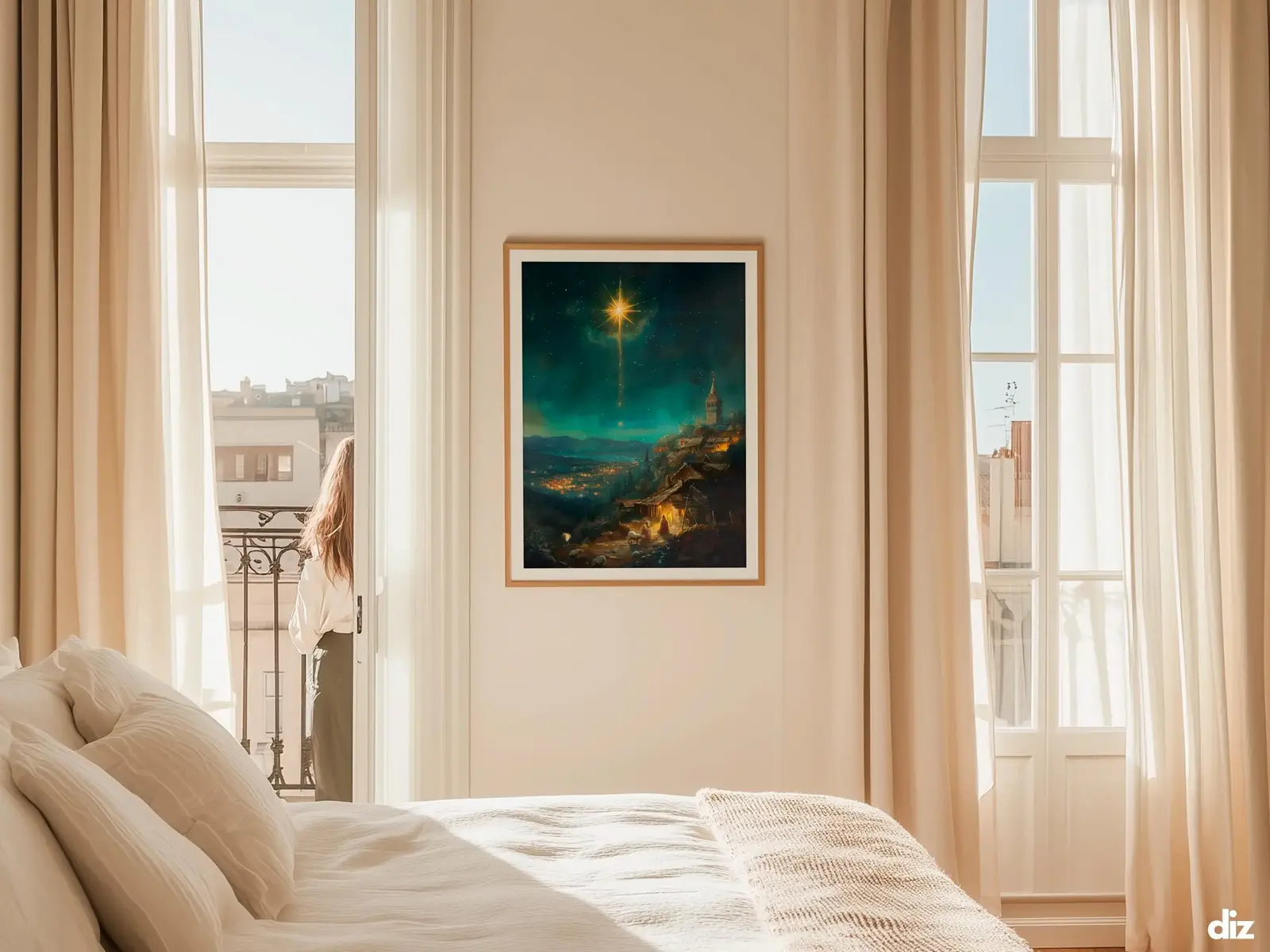 Sacred Heart of Jesus framed above sofa, living room display blending peace and devotion, bible wall art catholic wall art