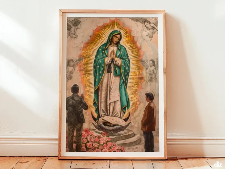 Framed Virgen de Guadalupe watercolor print centered in warm interior, marian art and christian wall art, virgen de guadalupe